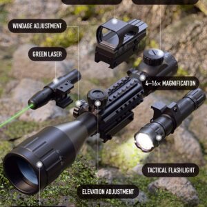 HIRAM 4-16x50 AO Rifle Scope Combo with Green Laser, Reflex Sight, and 5 Brightness Modes Flashlight