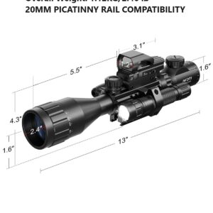 HIRAM 4-16x50 AO Rifle Scope Combo with Green Laser, Reflex Sight, and 5 Brightness Modes Flashlight