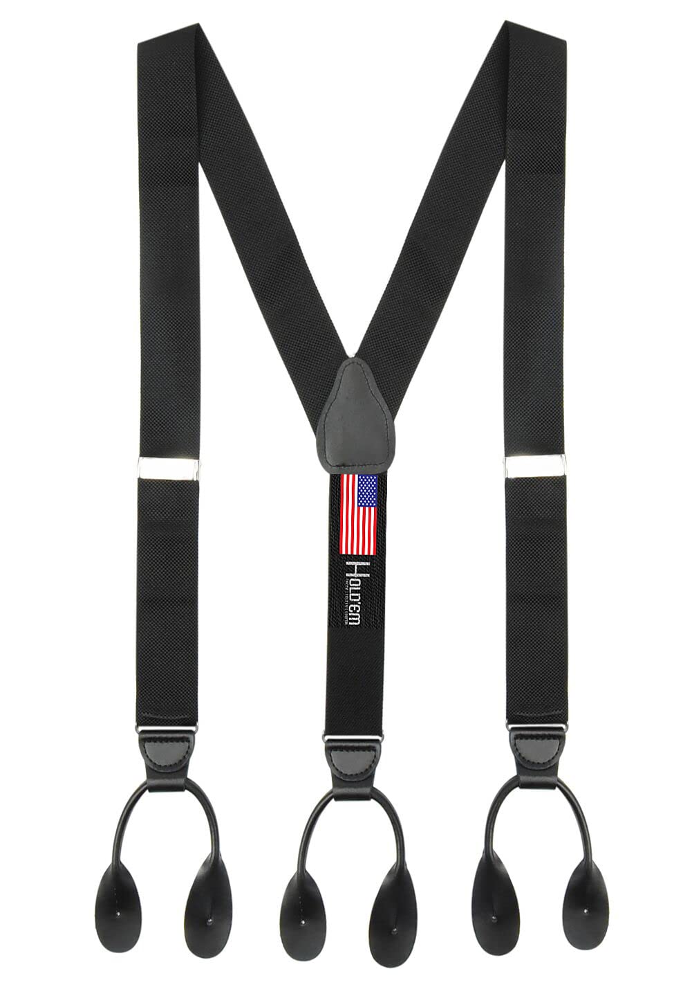 HOLD'EM Suspender for Men MADE IN USA – Y-Back Genuine Leather Trimmed Button End Non-Stretch Tuxedo Suspenders -Black