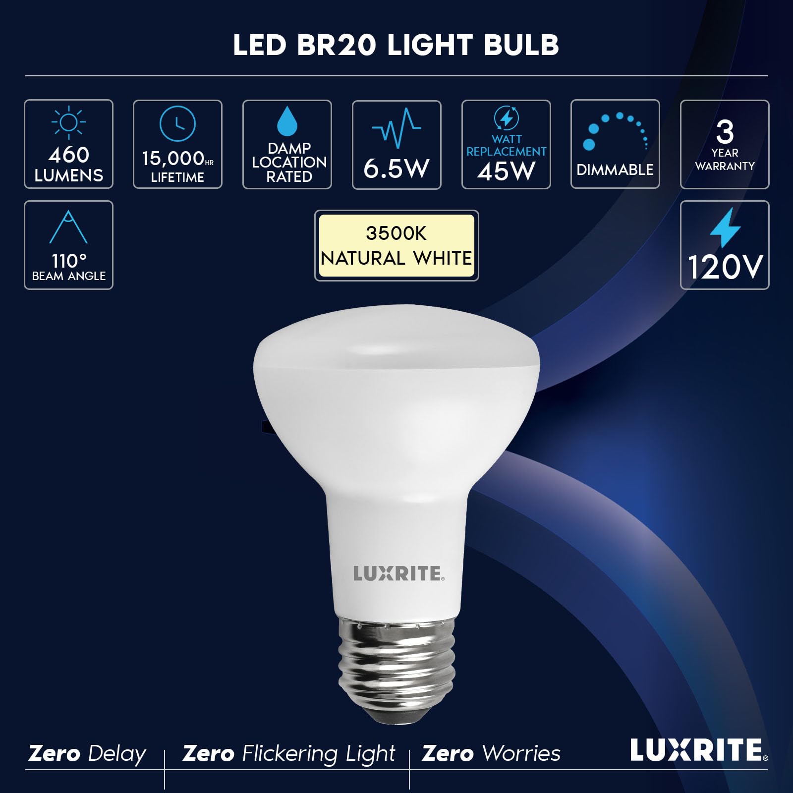 LUXRITE BR20 LED Bulb, 45W Equivalent, 3500K Natural White, Dimmable, 460 Lumens, R20 LED Flood Light Bulb 6.5W, Energy Star, Damp Rated, E26 Base, Perfect for Recessed and Track Lighting (6 Pack)