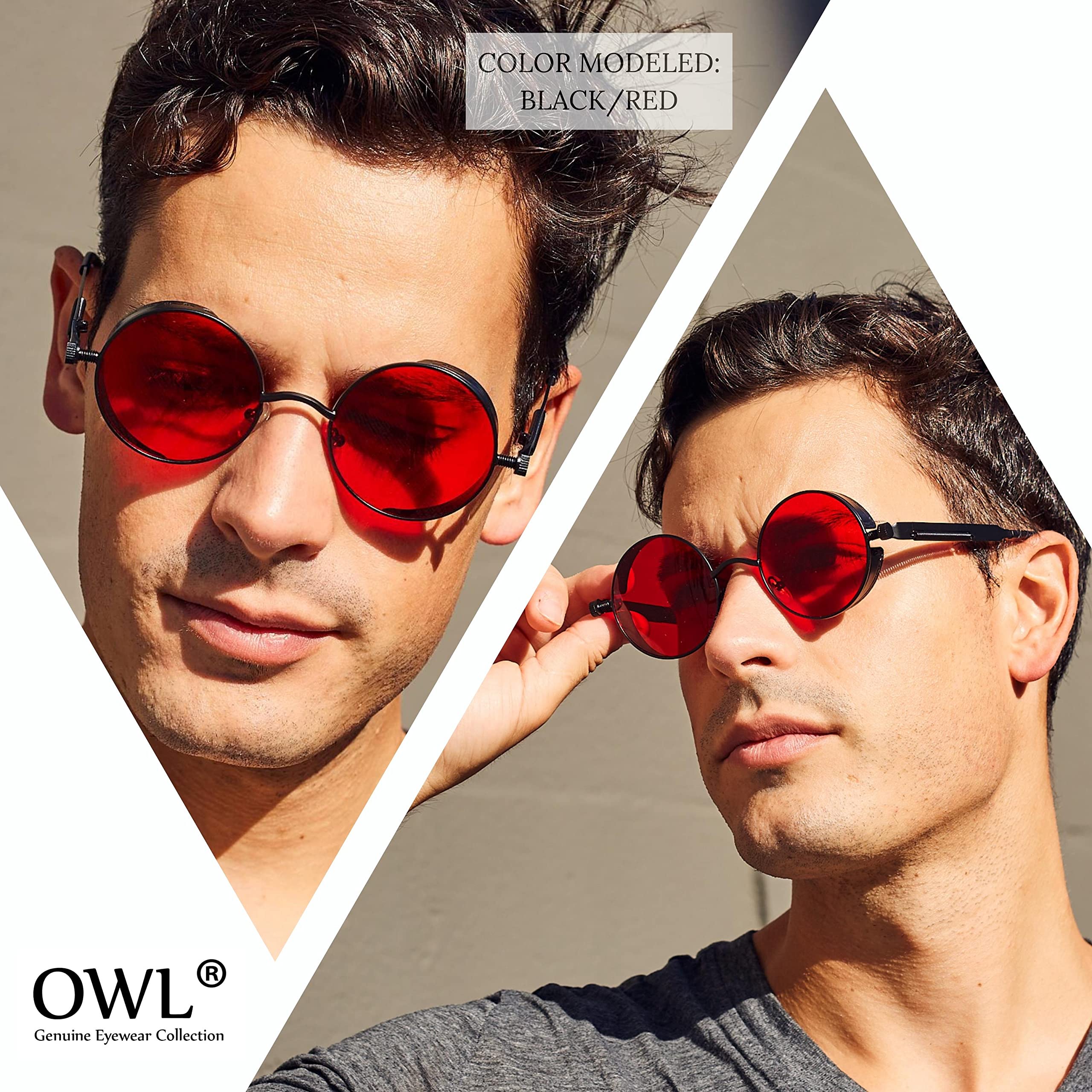 OWL Steampunk Retro Gothic Vintage Hippie Black Metal Round Circle Frame Sunglasses Sea Red Lens