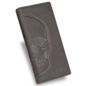 dk86 skull long wallet for men full grain leather rfid blocking rodeo wallet bifold wallet skull wallet, coffee a