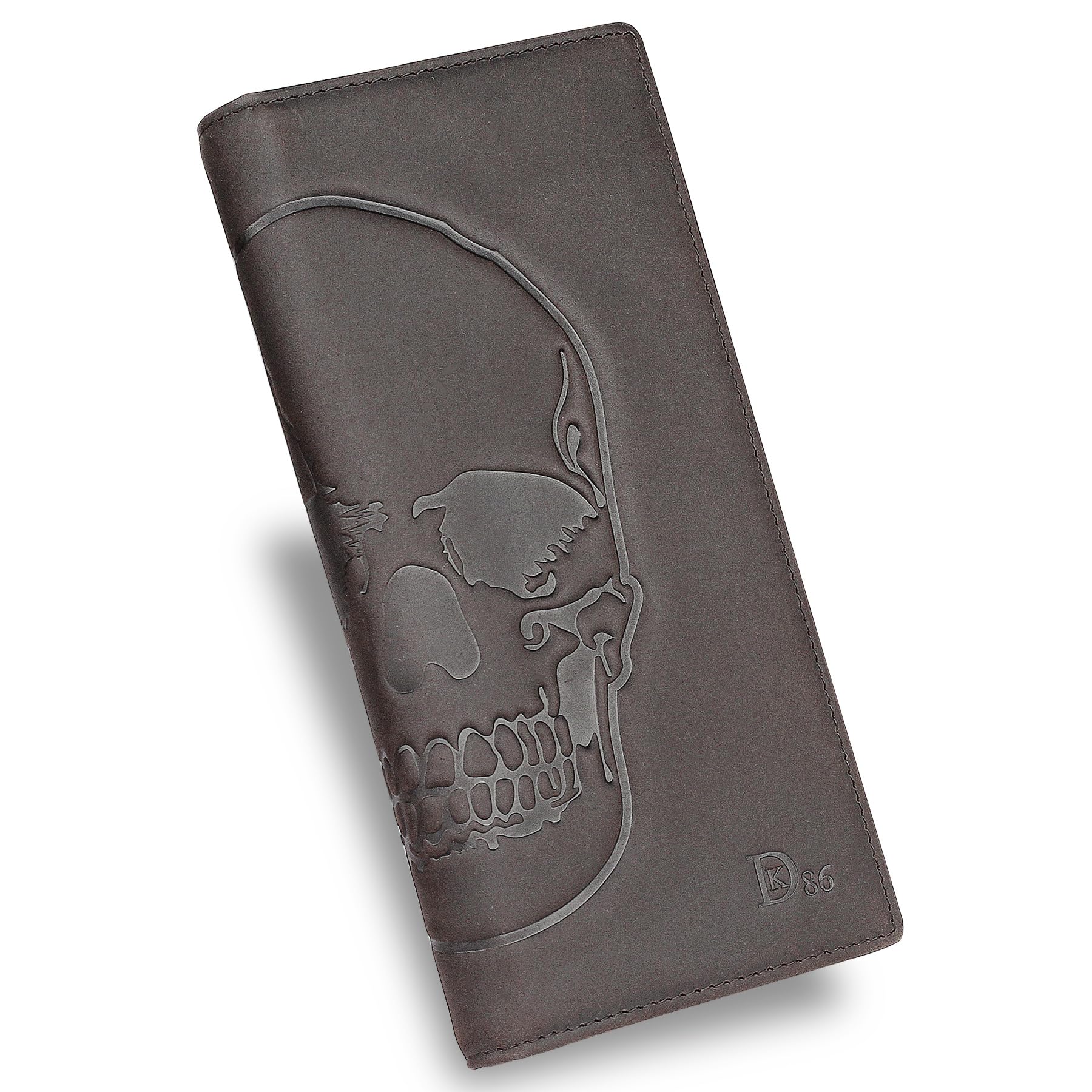 DK86 Skull Long Wallet For Men Full Grain Leather Rfid Blocking Rodeo Wallet Bifold Wallet Skull Wallet, Coffee A