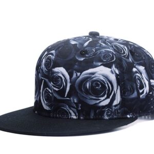 Quanhaigou Premium Floral Black White Rose Twill Adjustable Snapback Hat Hip-Hop Flat Peaked Baseball Caps