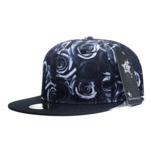 Quanhaigou Premium Floral Black White Rose Twill Adjustable Snapback Hat Hip-Hop Flat Peaked Baseball Caps