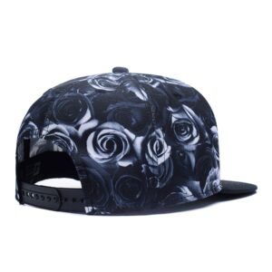 Quanhaigou Premium Floral Black White Rose Twill Adjustable Snapback Hat Hip-Hop Flat Peaked Baseball Caps