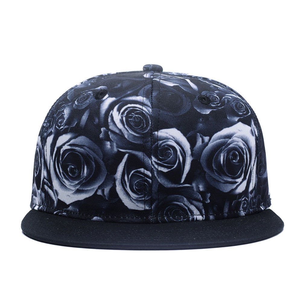 Quanhaigou Premium Floral Black White Rose Twill Adjustable Snapback Hat Hip-Hop Flat Peaked Baseball Caps