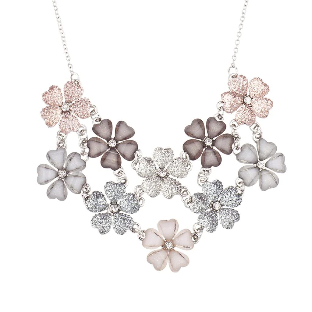 LUX ACCESSORIES Faux White Pink Grey Mauve Floral Flower Statement Necklace