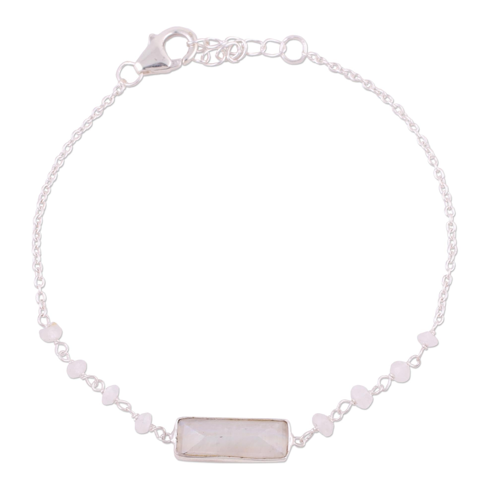 NOVICA Artisan Handmade Rainbow Moonstone Pendant Bracelet Beaded from India Sterling Silver Clear [7.25 in min L x 8 in max L x 0.2 in W 1 mm W Pendant(s) 6.25 in L x 2.4 in W x 0.1 in D] '