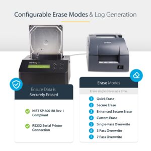 StarTech.com Single Bay Hard Drive Eraser, Standalone HDD/SSD Disk Wiper/Sanitizer, 4Kn, USB 3.0 to SATA III, 9 Erase Modes, LCD, RS232 Printer Port, Hardware Erasing Tool, TAA Compliant (SDOCK1EU3P2)