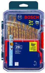 bosch ti29 29-piece assorted set titanium nitride coated metal drill bits with included case with three-flat shank for applications in heavy-gauge carbon steels, light gauge metal, hardwood