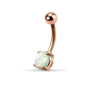 FIFTH CUE 14G Opal Glitter Prong Set Rose Gold IP Over 316L Surgical Steel Belly Button Ring (White)