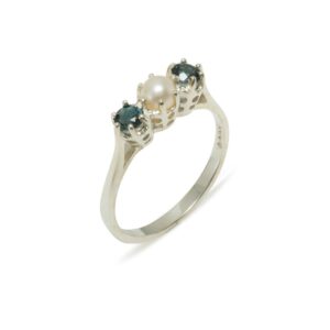 LetsBuyGold 925 Sterling Silver Cultured Pearl & London Blue Topaz Womens Band Ring - Size 7