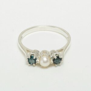 LetsBuyGold 925 Sterling Silver Cultured Pearl & London Blue Topaz Womens Band Ring - Size 7