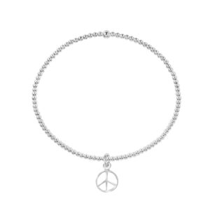 aeravida always stylish and vintage inspired sterling silver peace sign or symbol beaded elastic stretch fit bracelet | unisex bracelets| peace sign bracelet | 10mm bracelets