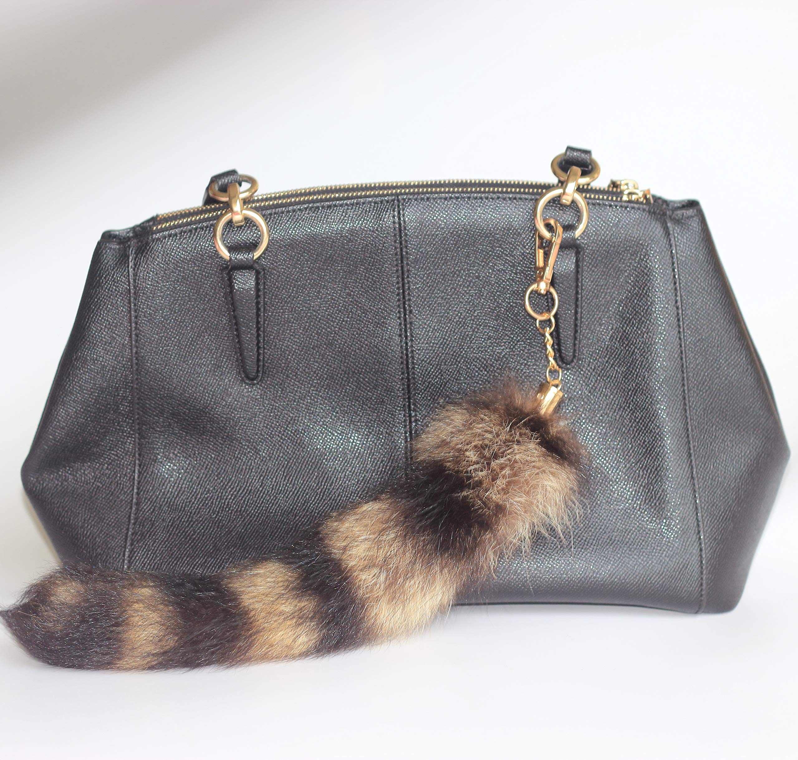 2 pcs 10inches Authentic Raccoon Tail Fur Skin Halloween Party Cosplay Toy Handbag Accessories Key Chain Ring Hook