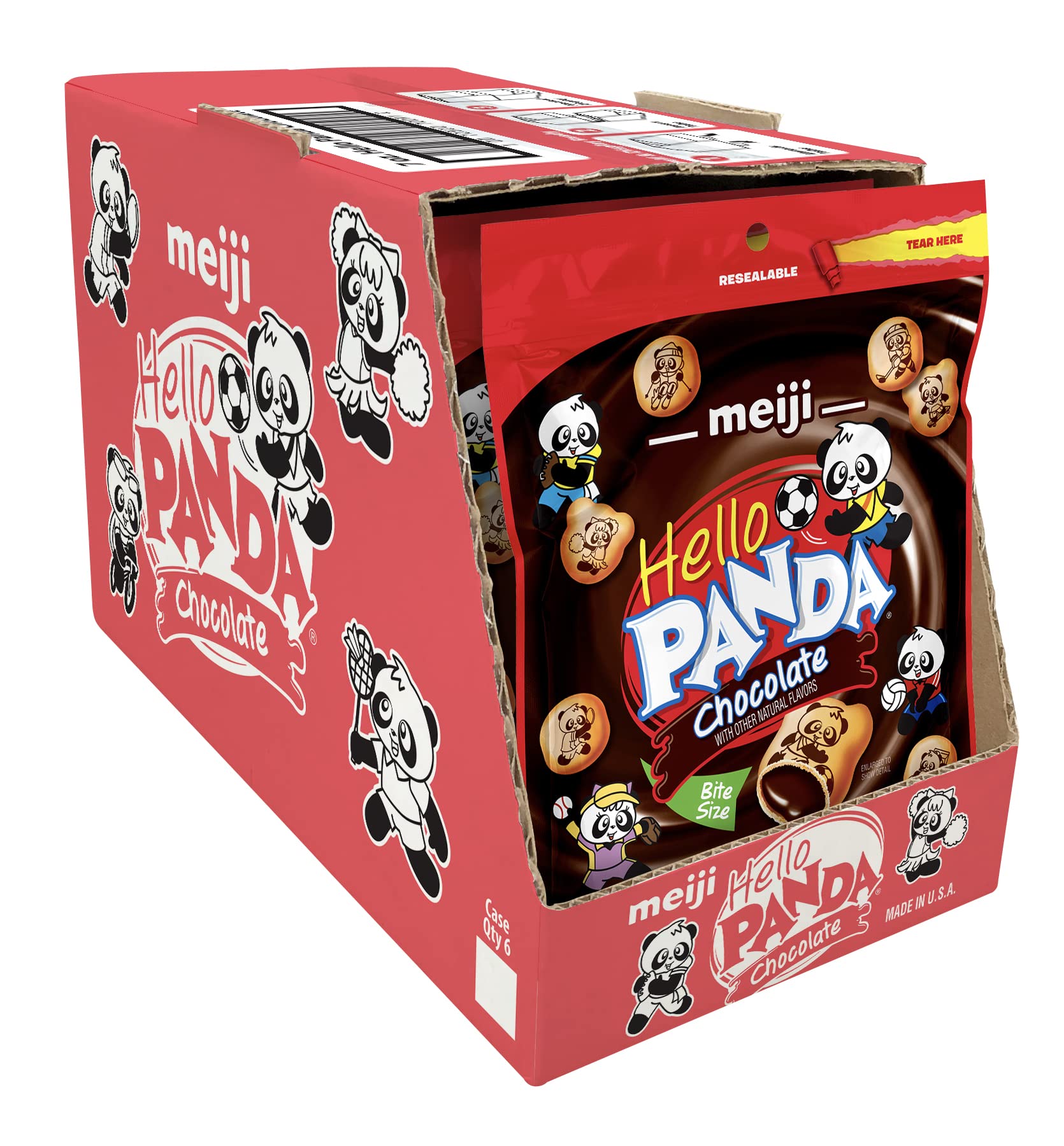 Meiji Hello Panda Cookies, Chocolate Crème Filled, Resealable Package - 7 oz, Pack of 6 - Bite Sized Cookies with Fun Panda Sports