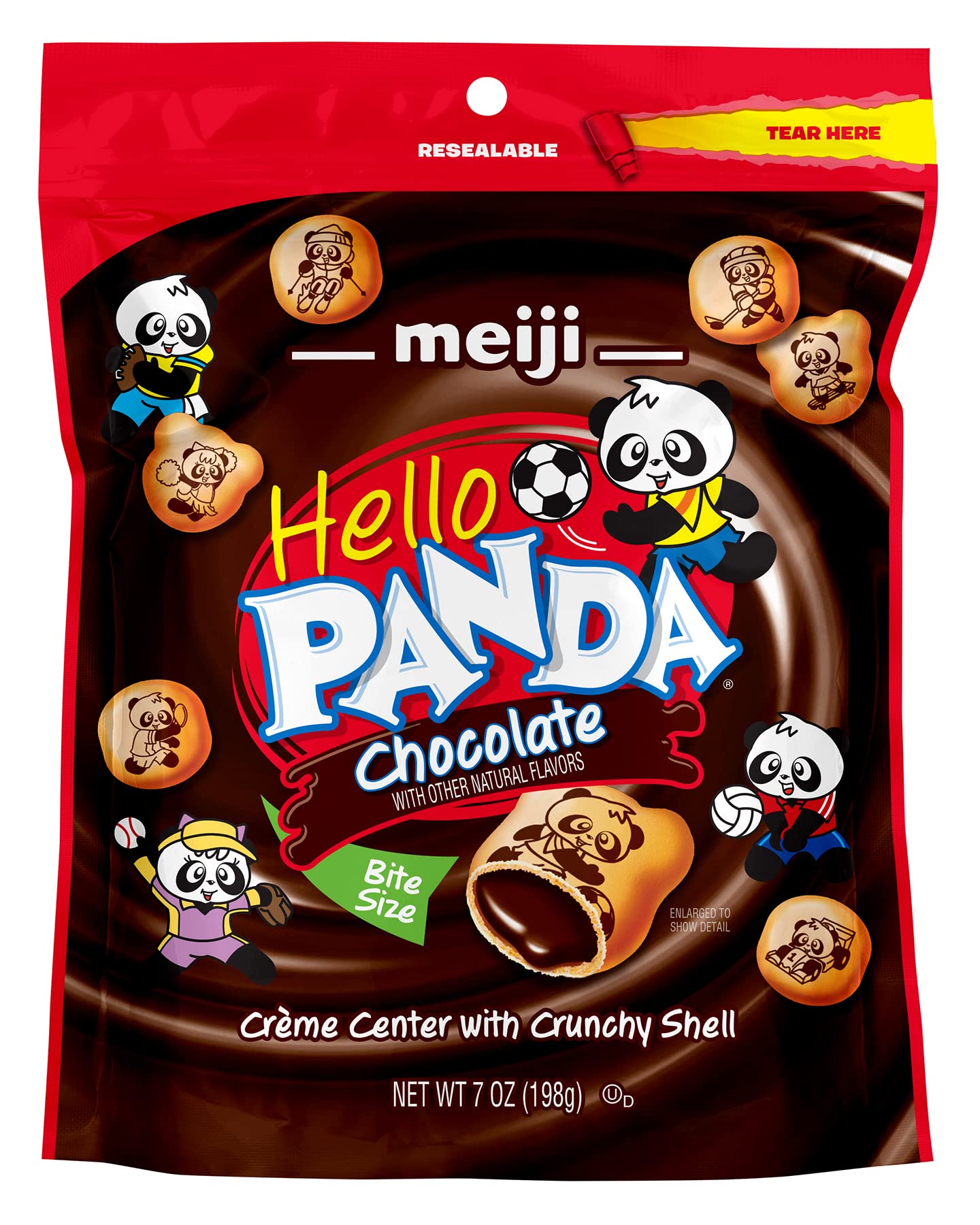 Meiji Hello Panda Cookies, Chocolate Crème Filled, Resealable Package - 7 oz, Pack of 6 - Bite Sized Cookies with Fun Panda Sports