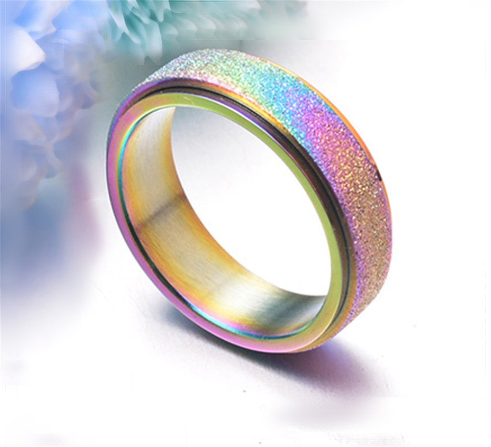 PAURO Women's Stainless Steel 6MM Rainbow Flag Lucky Spinner Worry Ring Band Size 4