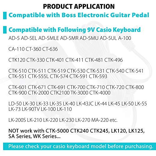 LotFancy Guitar Pedal Power Supply, AC DC 9V Power Cord, 1A Adapter for BOSS PSA Effects Pedal, Distortion, Casio Keyboard, Replaces PSA -120S, PW-CT-9V, UL Listed, Center Negative