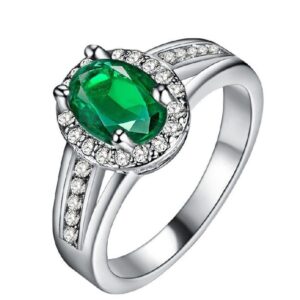 uloveido women fashion jewelry green stone silver color ring for wedding engagement halo ring for women with cz diamond size 7 pj141