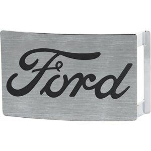 belt buckle ford script brushed silver black rectangle 3.75 inches by 2.5 inches