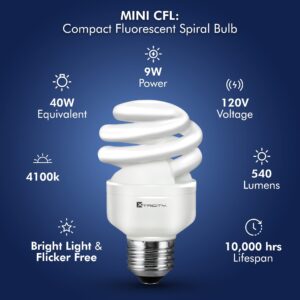 Xtricity Compact Fluorescent Light Bulb T2 Spiral, E26 Base, 9W (40 Watt Equivalent), 4100k Cool White, 540 Lumens, CFL, 120V - UL Listed, (4 Pack)