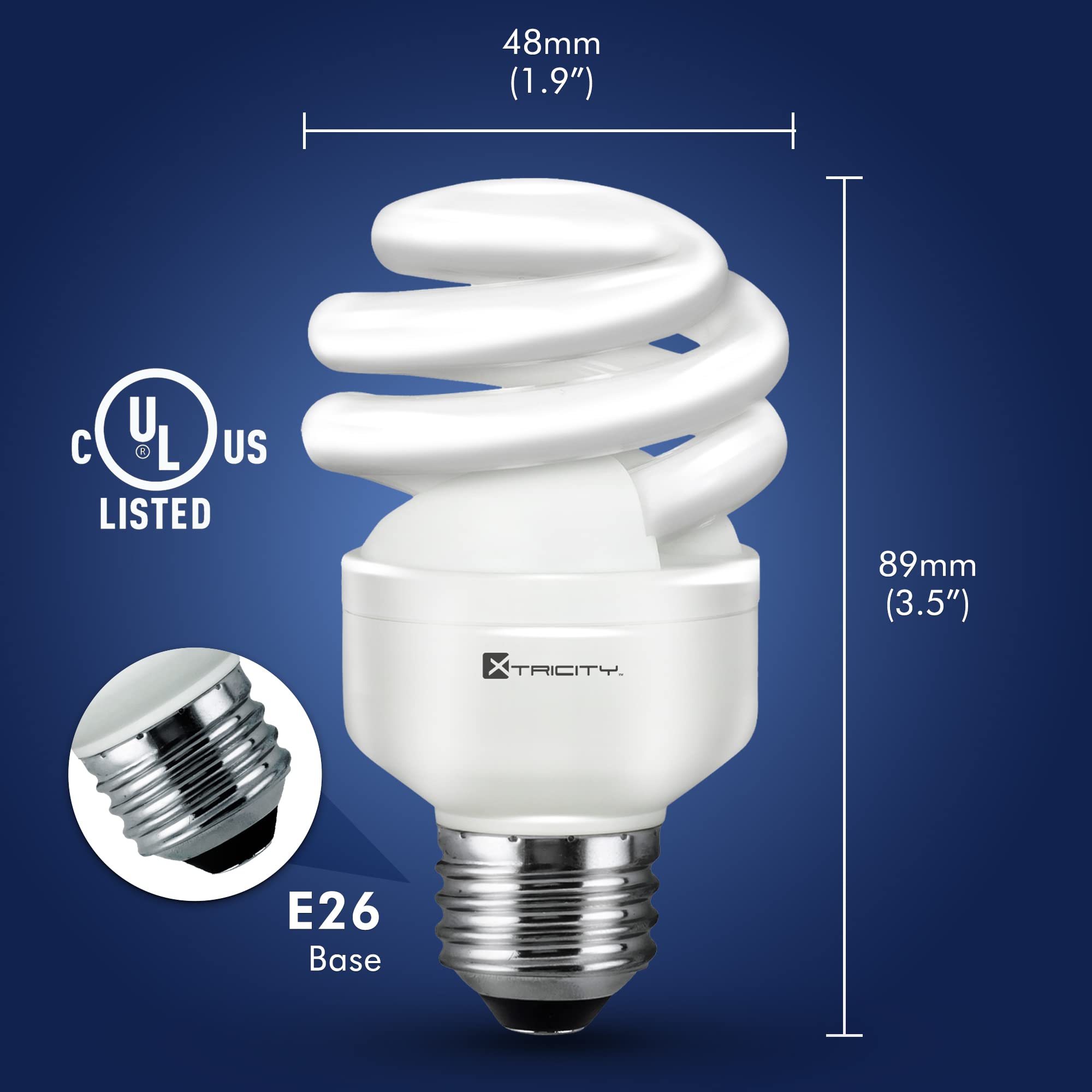 Xtricity Compact Fluorescent Light Bulb T2 Spiral, E26 Base, 9W (40 Watt Equivalent), 4100k Cool White, 540 Lumens, CFL, 120V - UL Listed, (4 Pack)