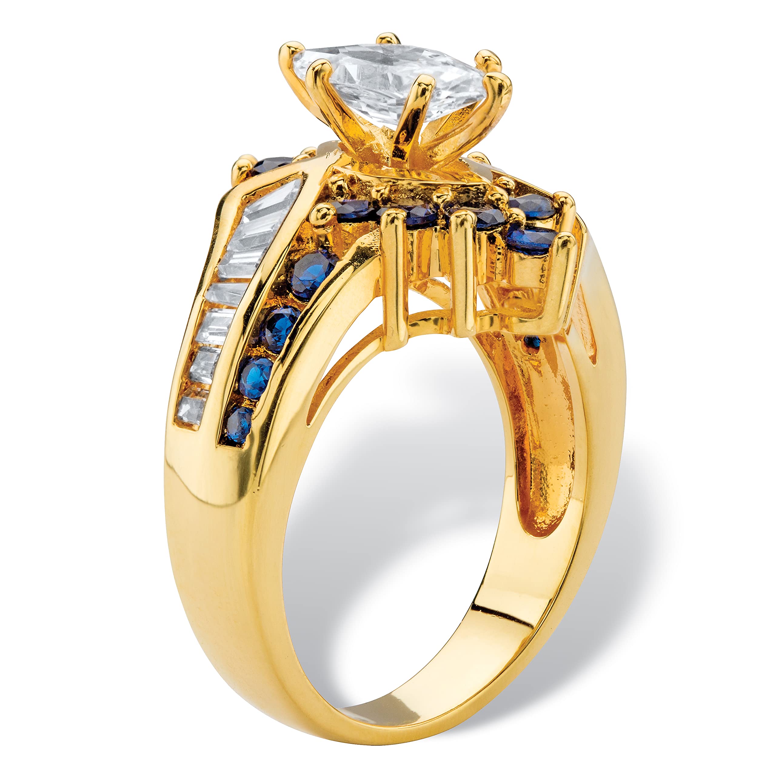 PalmBeach 14K Yellow Gold Plated Marquise Cut and Baguette Cut Cubic Zirconia or Blue Simulated Sapphire Bypass Ring Size 8