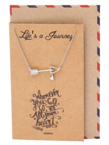 quan jewelry arrow necklace with heart charm sideways arrow pendant, graduation gifts dream necklace with inspirational quote greeting card, adjustable chain 16" to 18" silver tone