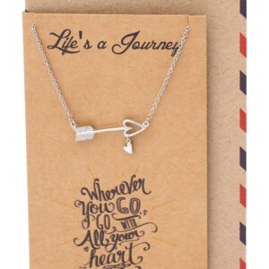 quan jewelry Arrow Necklace with Heart Charm Sideways Arrow Pendant, Graduation Gifts Dream Necklace with Inspirational Quote Greeting Card, Adjustable Chain 16" to 18" Silver Tone