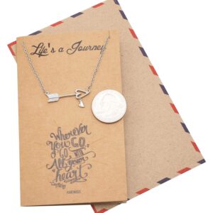 quan jewelry Arrow Necklace with Heart Charm Sideways Arrow Pendant, Graduation Gifts Dream Necklace with Inspirational Quote Greeting Card, Adjustable Chain 16" to 18" Silver Tone