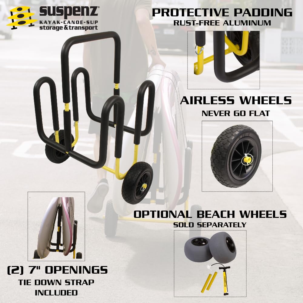 Suspenz Double SUP Transport Cart with Airless Wheels, Carrier/Trolley for 2 Stand Up Paddle Boards & Surfboards, Yellow (22-9934)