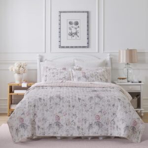 laura ashley - queen quilt set, reversible cotton bedding with matching shams, lightweight home decor for all seasons (breezy floral pink/grey, queen)