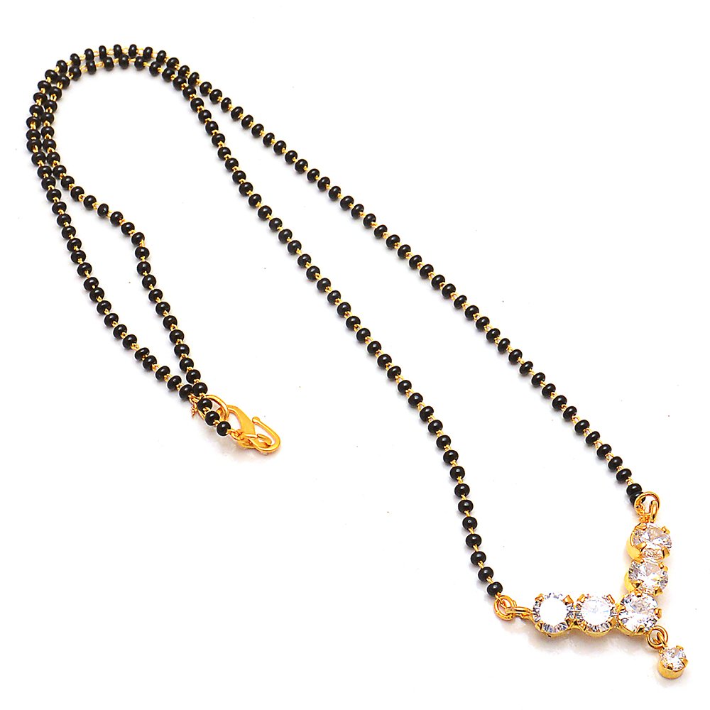 Jewar Mangalsutra Ad Cz Multi-Stones Gold Plated Black Crystal beaded Chain Jewelry For Women (6 Stones)