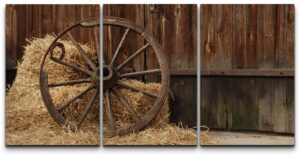 wall26 canvas print wall art set antique vintage wheel in country barn with hay nature wilderness photography realism rustic scenic colorful ultra for living room, bedroom, office - 16"x24"x3