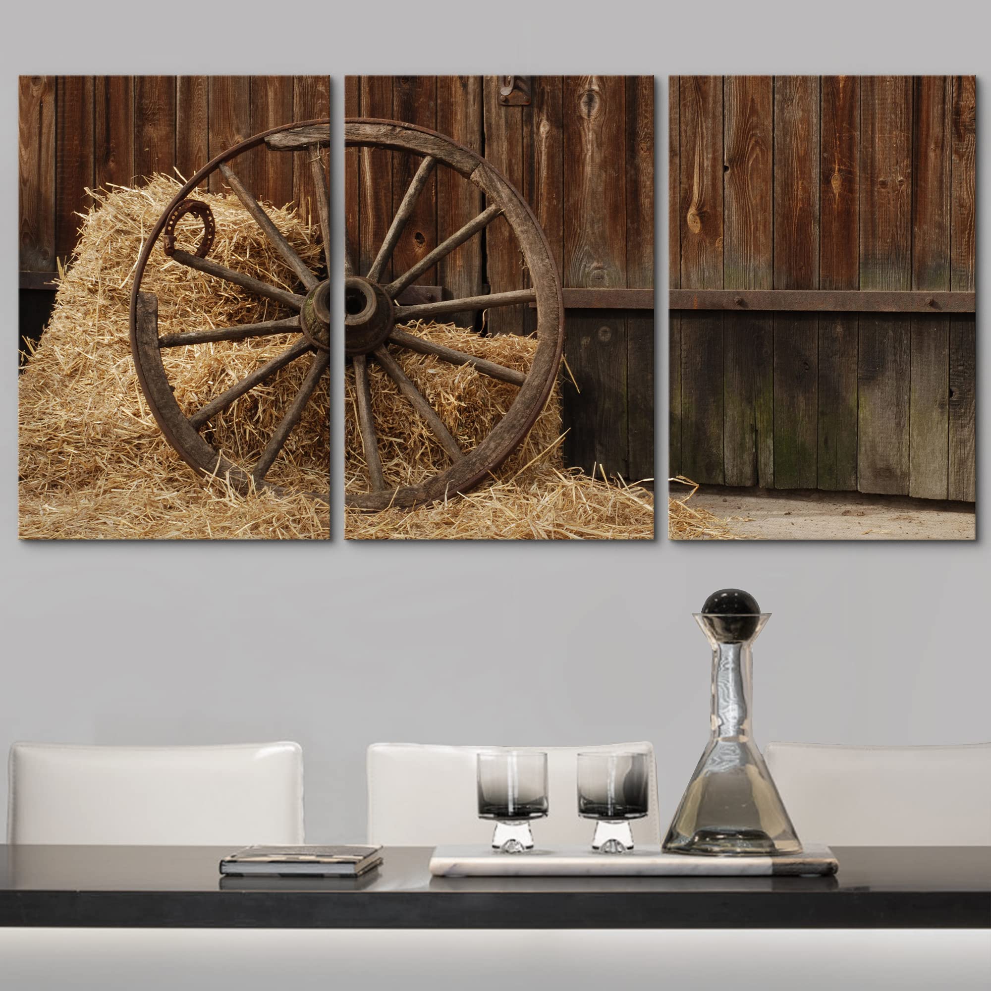 wall26 Canvas Print Wall Art Set Antique Vintage Wheel in Country Barn with Hay Nature Wilderness Photography Realism Rustic Scenic Colorful Ultra for Living Room, Bedroom, Office - 16"x24"x3