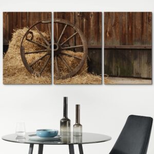 wall26 Canvas Print Wall Art Set Antique Vintage Wheel in Country Barn with Hay Nature Wilderness Photography Realism Rustic Scenic Colorful Ultra for Living Room, Bedroom, Office - 16"x24"x3