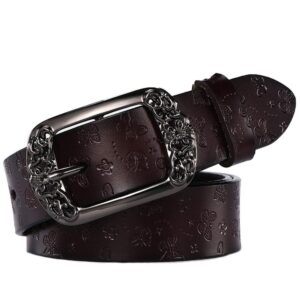 worry-free shopping women's cowhide leather waist belt pin buckle butterfly pattern for jeans (dark coffee)