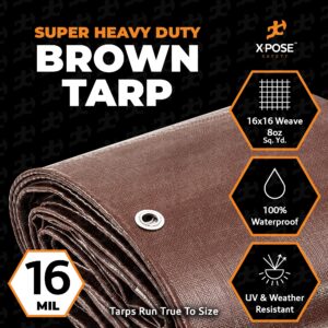 12' x 20' Super Heavy Duty 16 Mil Brown Poly Tarp Cover - Thick Waterproof, UV Resistant, Rip and Tear Proof Tarpaulin with Grommets and Reinforced Edges - by Xpose Safety