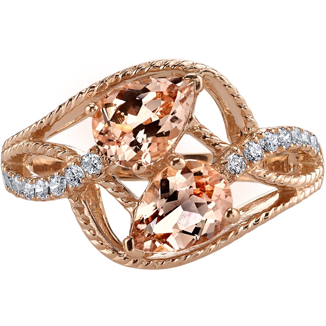 PEORA Morganite Two-Stone Ring for Women 14K Rose Gold, Natural Gemstone, 1.50 Carats total Pear Shape, Size 8