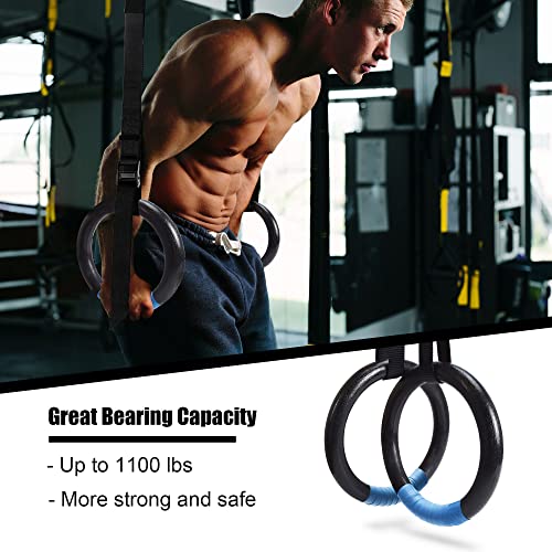 PACEARTH Gymnastic Rings 1100lbs Capacity with 14.76ft Adjustable Buckle Straps Pull Up Exercise Rings Non-Slip Rings for Home Gym Full Body Workout (Black)