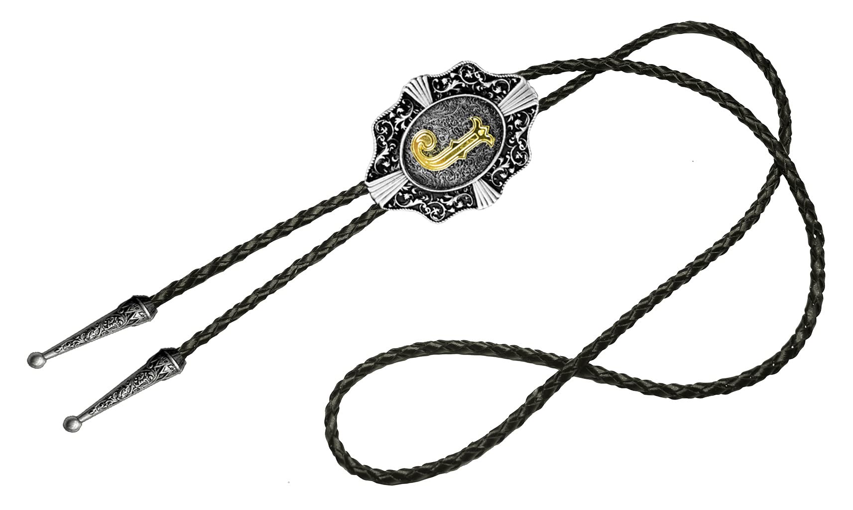 Moranse Golden Initial Letters in Flower Nursery Cowboy Bolo Tie with Cowhide Rope(J Silver,Silver Style)