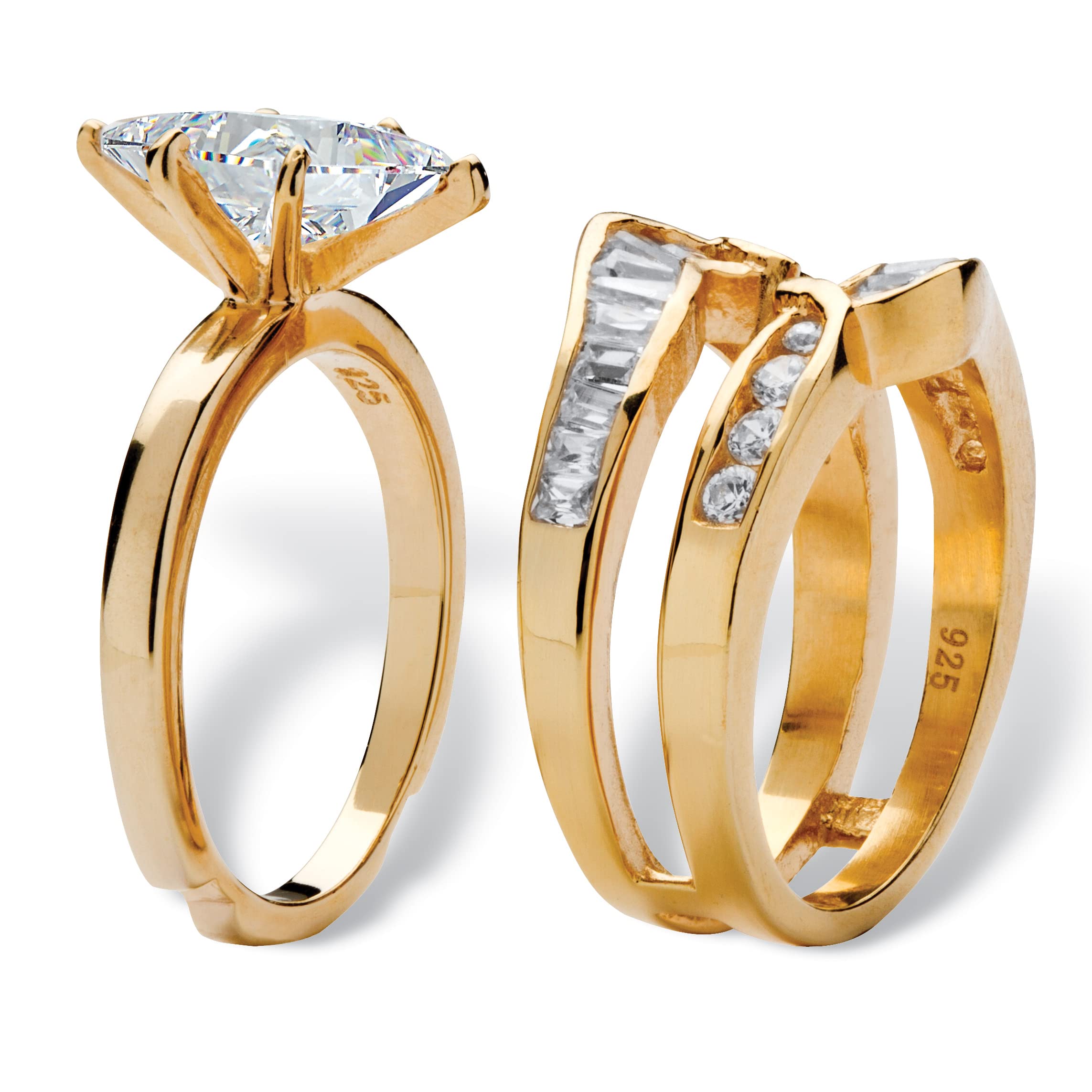 PalmBeach Yellow Gold-Plated or Sterling Silver Marquise Cut and Baguette Cubic Zirconia 2 Piece Jacket Bridal Ring Set Size 8