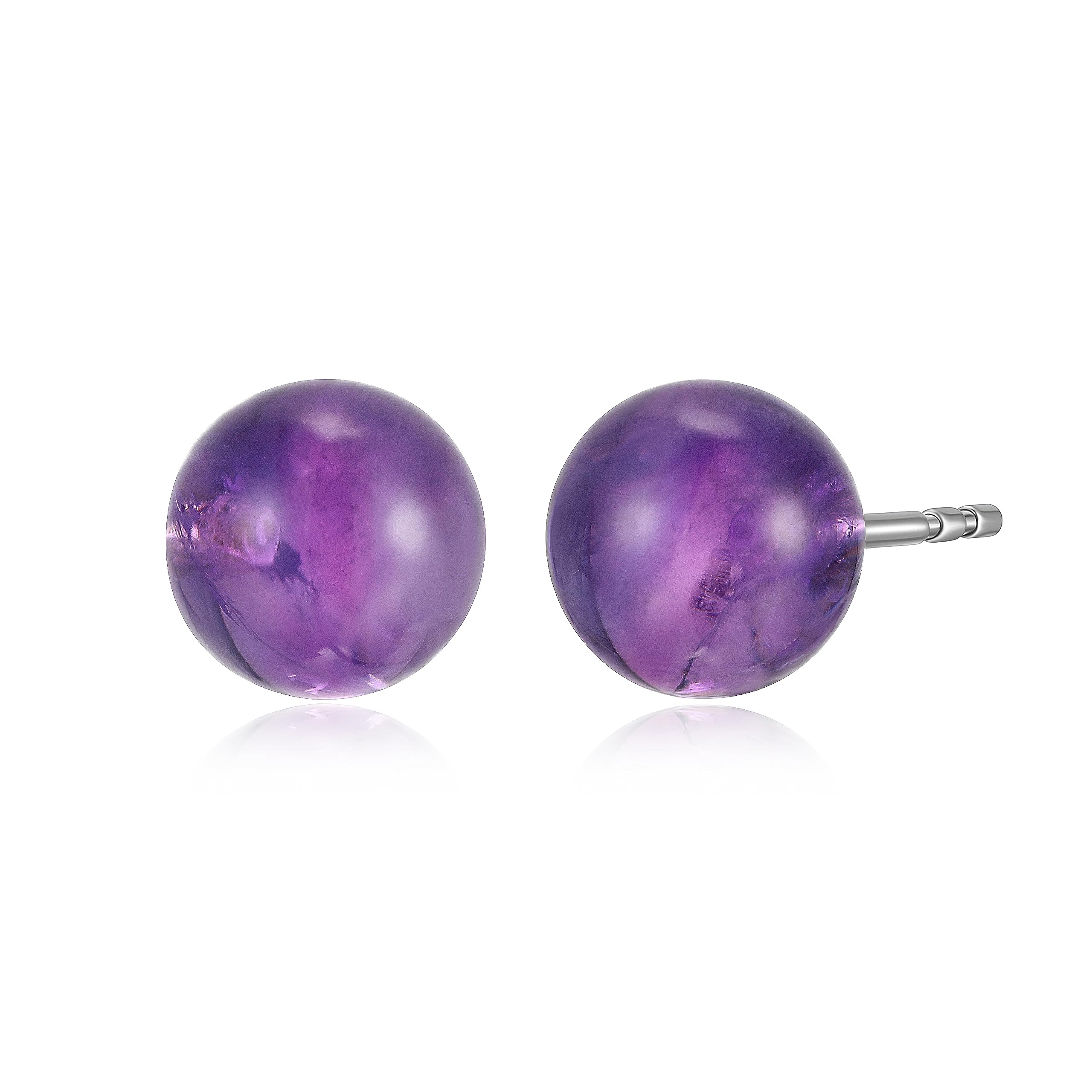 MORGAN & PAIGE Rhodium Plated .925 Sterling Silver Natural Purple African Amethyst 8mm Round Sphere Ball Stud Earrings with Butterfly-Back