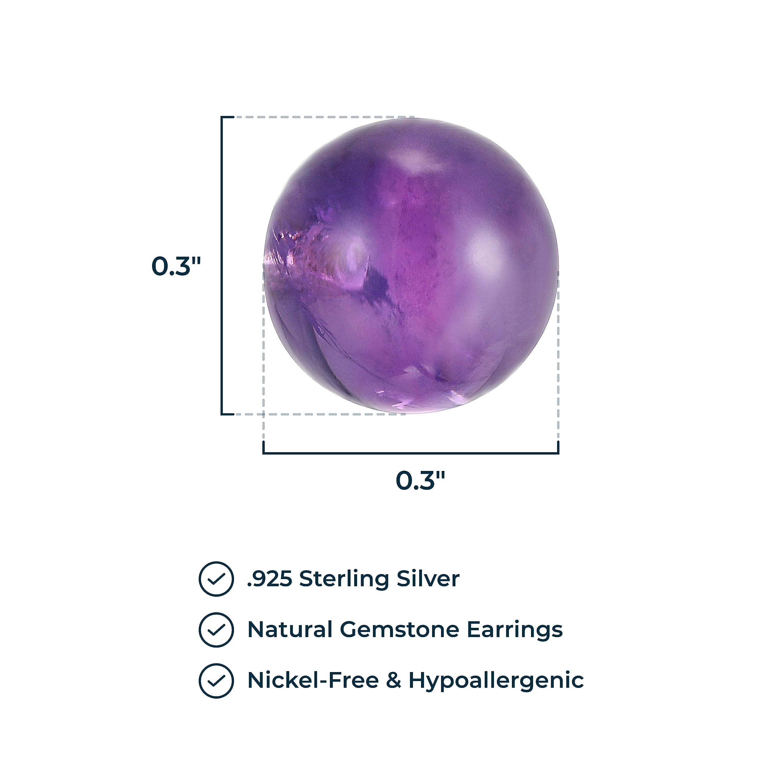 MORGAN & PAIGE Rhodium Plated .925 Sterling Silver Natural Purple African Amethyst 8mm Round Sphere Ball Stud Earrings with Butterfly-Back