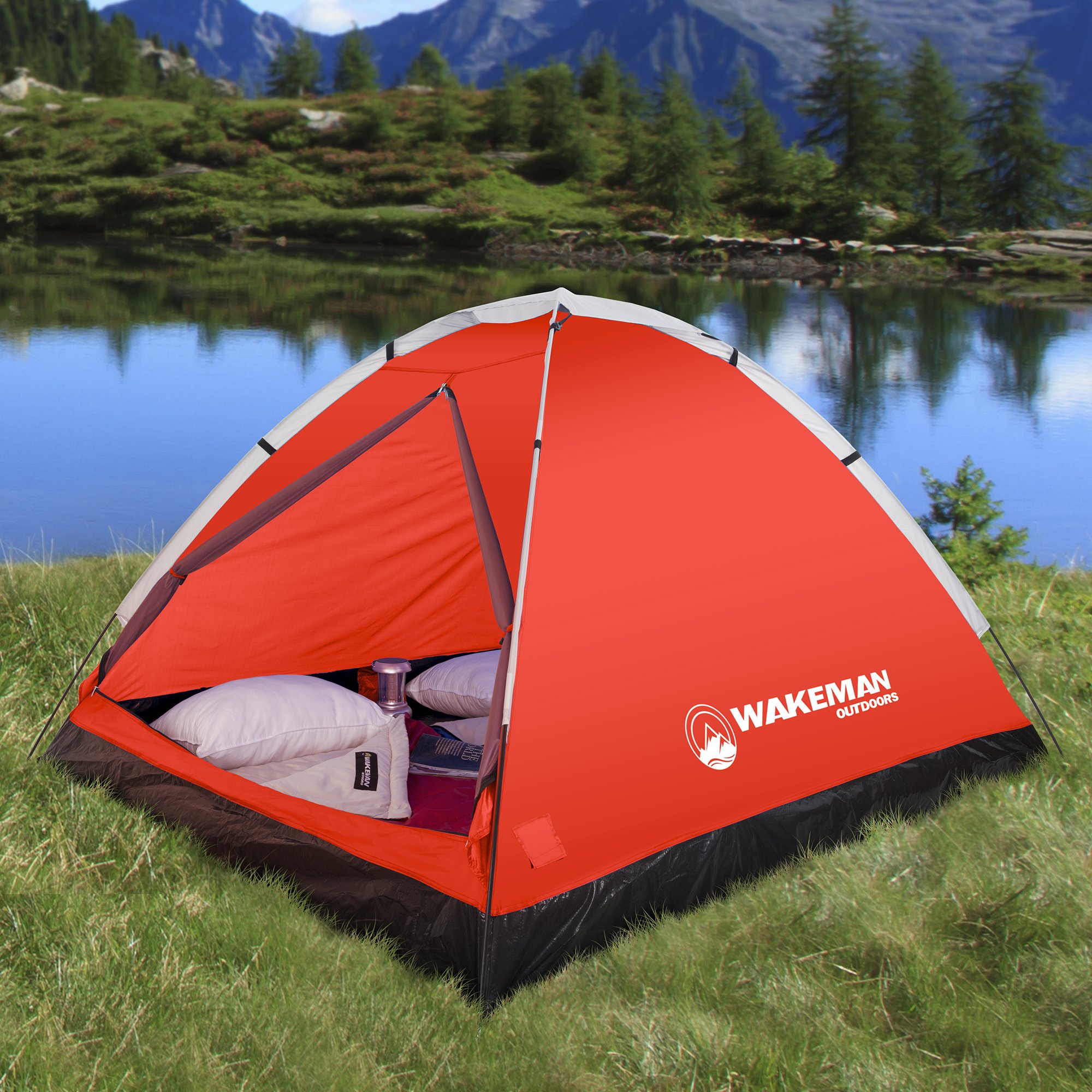 2 Person Camping Tent with Rain Fly and Carrying Bag - Water-Resistant Outdoor Tent for Backpacking, Hiking, or Festivals by Wakeman Outdoors (Red)