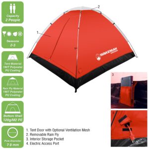 2 Person Camping Tent with Rain Fly and Carrying Bag - Water-Resistant Outdoor Tent for Backpacking, Hiking, or Festivals by Wakeman Outdoors (Red)