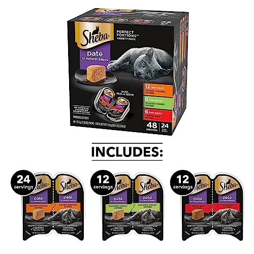 SHEBA Perfect Portions Paté Wet Cat Food Trays (24 Count, 48 Servings), Savory Chicken, Roasted Turkey, and Tender Beef Entrée, Easy Peel Twin-Pack Trays