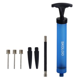 skoloo 10" portable hand air ball pump inflator kit with needle, nozzle, extension hose for soccer basketball football volleyball water polo rugby exercise sports ball balloon swim inflatables, blue